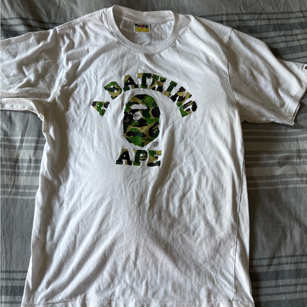 Bape White and Green Camo Logo Tee